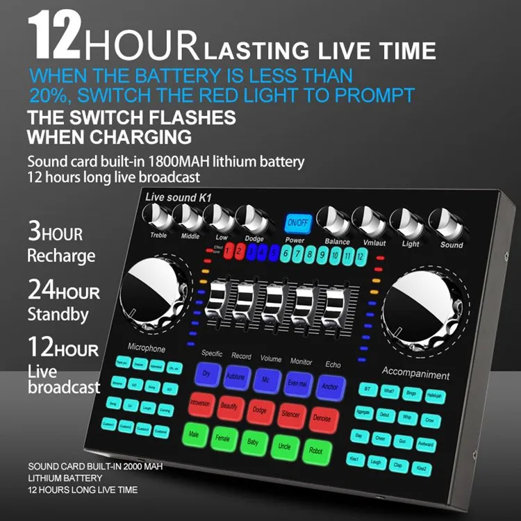 K1 Live Sound Card with Effects Voice Changer Audio Mixer for Live Broadcast Mic
K1 Live Sound Card with Effects Voice Changer Audio Mixer for Live Broadcast Mic