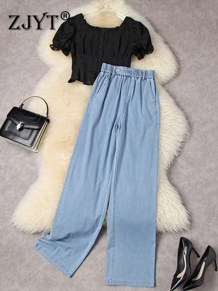 ZJYT Summer Crop Top and Jeans Pants Set 2 Pieces Womens Outfits Fashion Streetwear Casual White Blouse and Denim Trousers Suit
ZJYT Summer Crop Top and Jeans Pants Set 2 Pieces Womens Outfits Fashion Streetwear Casual White Blouse and Denim Trousers Suit