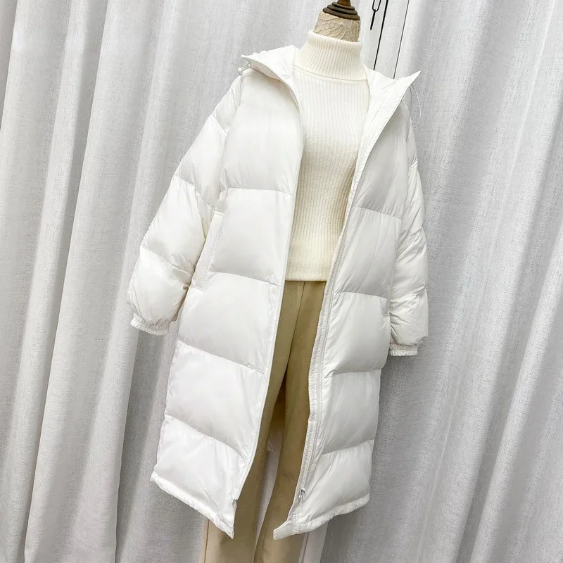 

Модная новинка 2023, зимняя длинная парка с капюшоном, ультратонкое Женское пальто на белом утином пуху 90%, женская Свободная Повседневная ветрозащитная куртка-пуховик