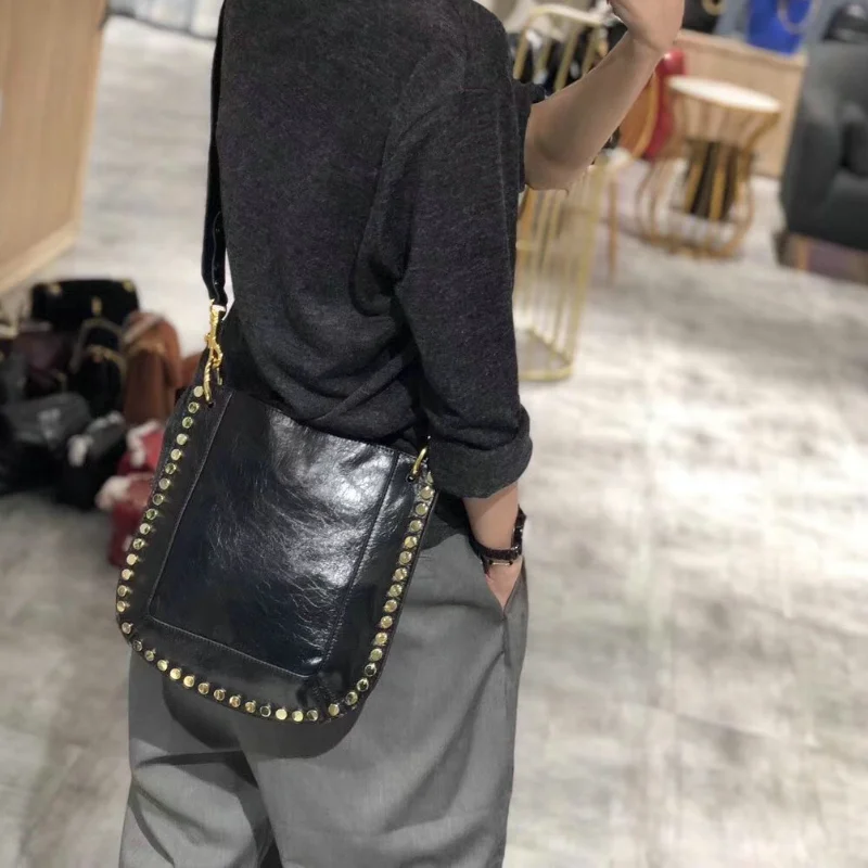 

Bag Casual Leather Street High Tacks Bags Rivets Pouch Handbag Women Black Studs Genuine Shoulder New Crossbody Designer Studded