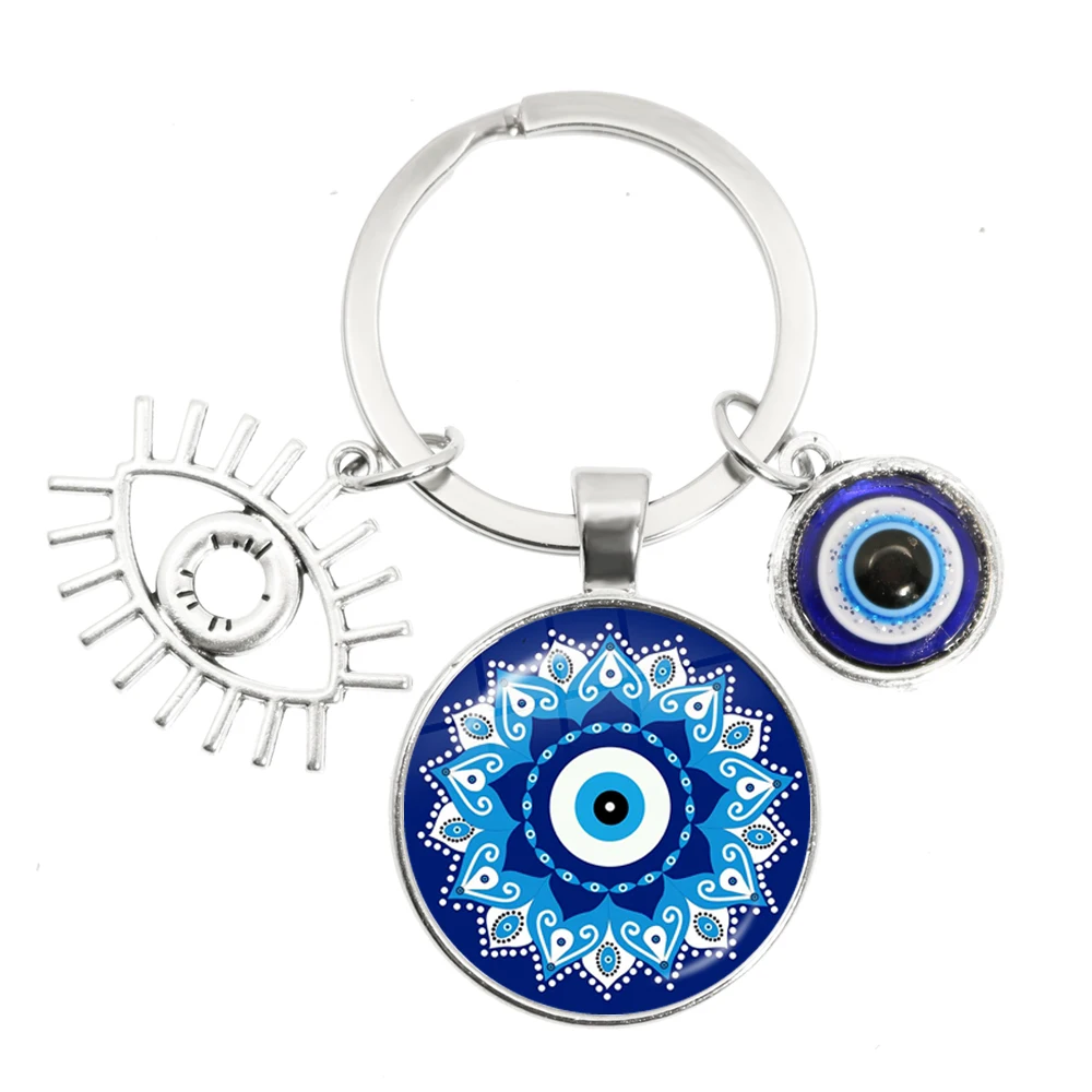 

Blue Turkish Evil Eye Creative Keychains Holder Amulet Evil Nazar Eye Charms Key Chains Keyrings Glass Dome Handmade Jewelry
