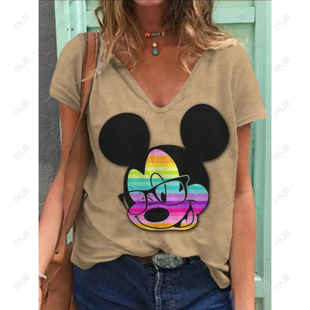 

Женская футболка с V-образным вырезом, свободная повседневная футболка в стиле Харадзюку с принтом Минни и Микки-Мауса из мультфильма, 2023
