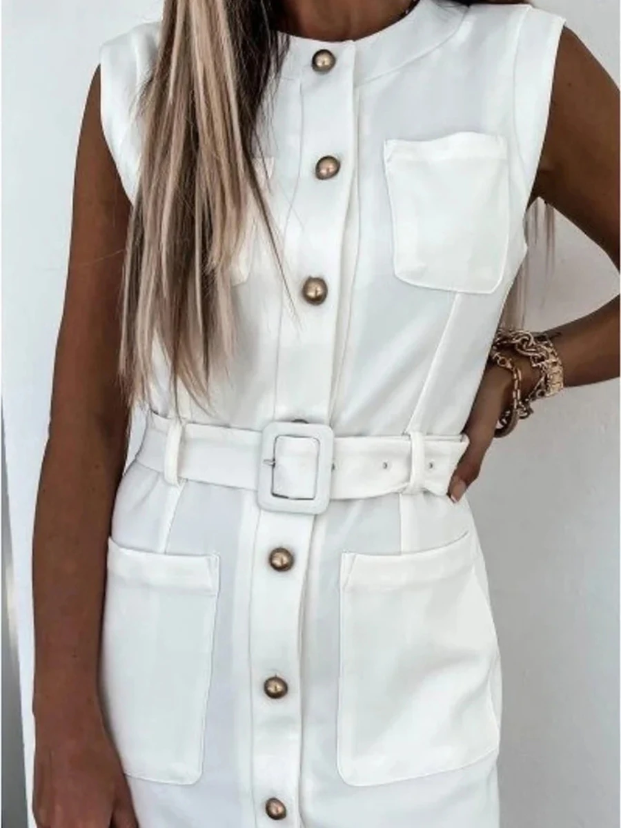 Office Lady Sleeveless Belt Dress Sheath Slim Button High Waist O Neck Mini Length 2022 Fashion Summer Dress
Office Lady Sleeveless Belt Dress Sheath Slim Button High Waist O Neck Mini Length 2022 Fashion Summer Dress