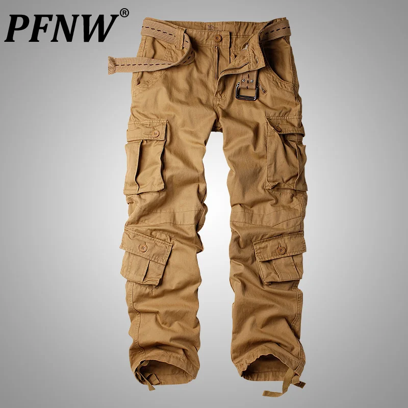 

PFNW Autumn Winter Men's Tide Baggy Cotton Zippers Cargo Pants Camouflage Outdoor Loose Vintage Straight Yourh Overalls 12A7438