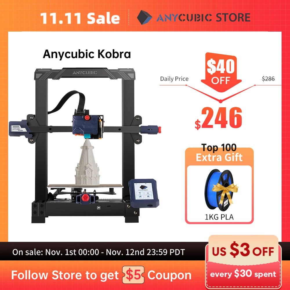 3d принтер ANYCUBIC KOBRA FDM с автоматическим выравниванием стальной подогреваемый стол