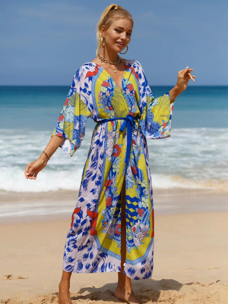 

Beach Kimono Tropical Printed Swimsuit Cape Cover Ups for Swimwear Women Self Belted Wrap Dresses Holiday Bathing Suits