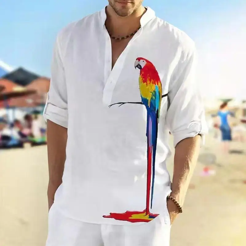 

Men's Parrot Print Casual Shirt - Summer Button Down Top with Short Sleeves and Spread Collar for Beach Vacation