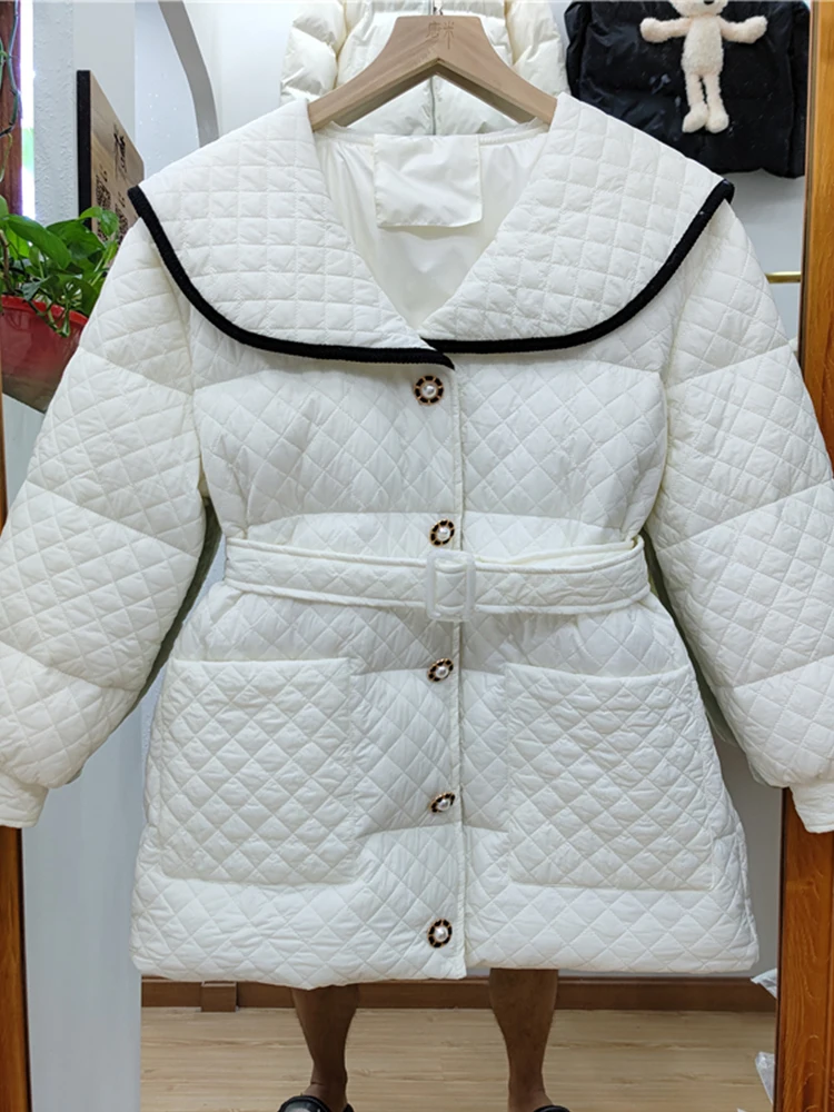 

Fitaylor Winter Women White Duck Down Coat Female Turn-down Collar Single Breasted Coat Casual Lady Sash Tie Up Outwear