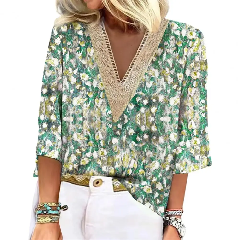Women T-shirt Flower Print V Neck Hollow Out Three Quarter Sleeves Loose Pullover Lace Feamle Top Summer Spring Fall Clothes
Women T-shirt Flower Print V Neck Hollow Out Three Quarter Sleeves Loose Pullover Lace Feamle Top Summer Spring Fall Clothes