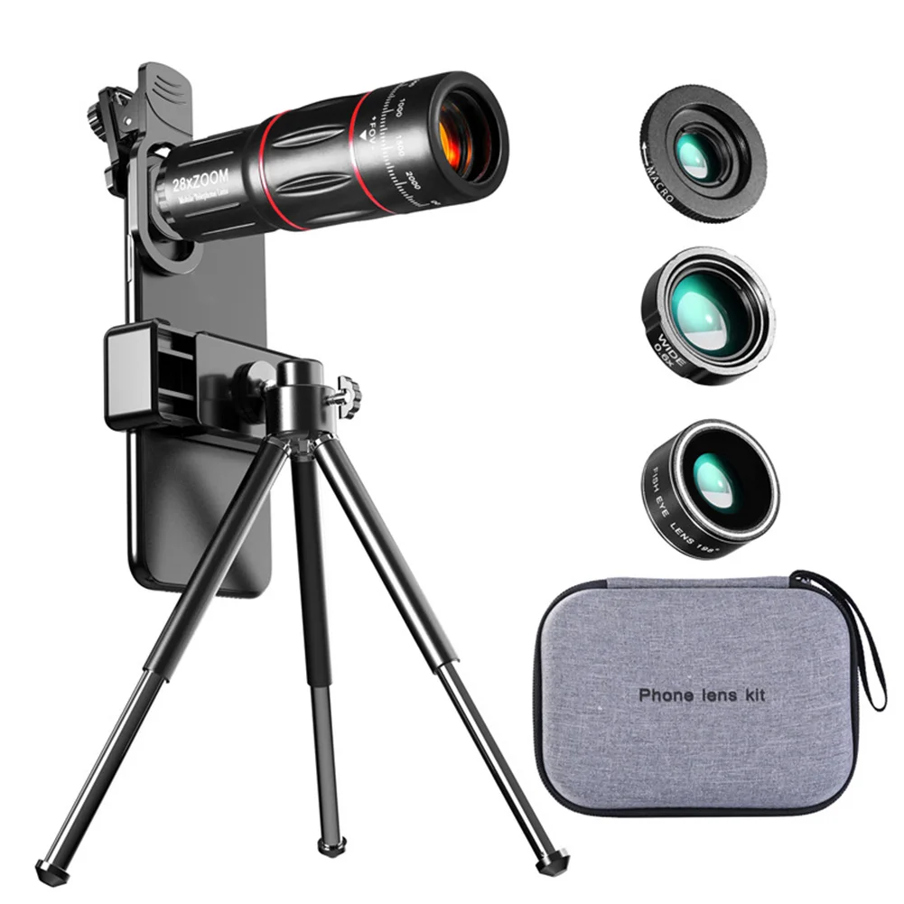 

4 в 1 объектив мобильной камеры HD телескоп 28X Macro 20X микро объектив телескоп зум объектив мобильного телефона широкоугольный для смартфона