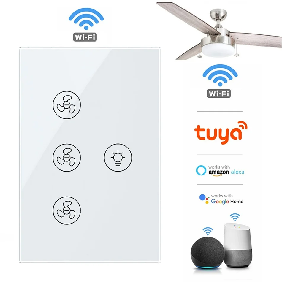 Tuya Smart Home WiFi Touch Switch US Fan Light Switch for Alexa Google Home AC 100-240V Ceiling Lamp Speed Control Remote
Tuya Smart Home WiFi Touch Switch US Fan Light Switch for Alexa Google Home AC 100-240V Ceiling Lamp Speed Control Remote