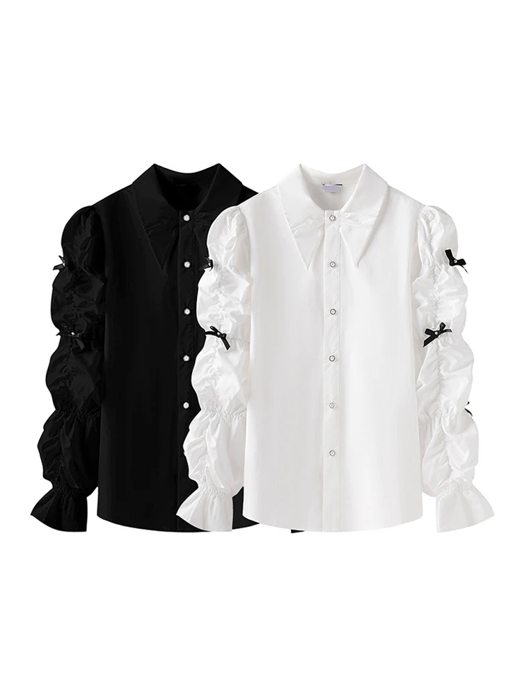 

Женская винтажная однобортная приталенная рубашка с жемчужинами, новая модная блузка с отложным воротником и пышными рукавами, дизайнерская одежда в стиле ретро с бантом, плиссированная базовая одежда, 2023