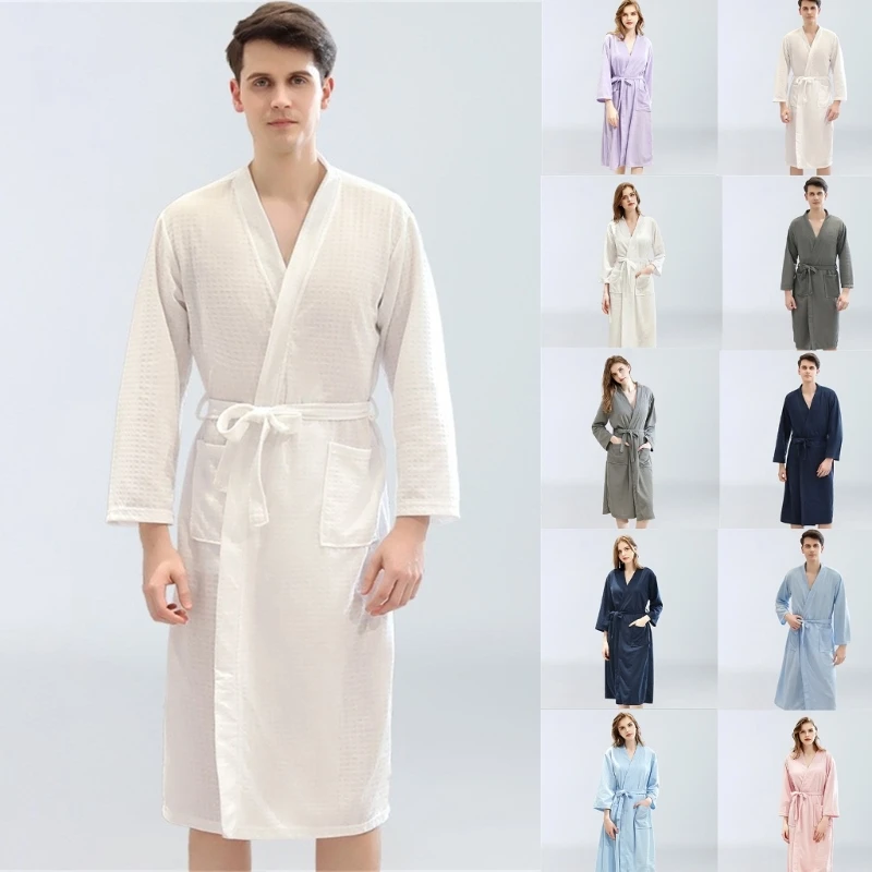 

Womens Mens Lightweight Long Robes with 3/4 Sleeves Waffle Knit Belted Bathrobe Soft Sleepwear Loungewear Dressing Gown