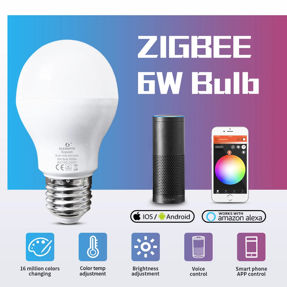 

Светодиодная лампа GLEDOPTO LED 6W RGB + CCT Zigbee Smart LED Bulb E26 E27 AC100-240V WW/CW LED Bulb Dimmable светильник Dual White и Color