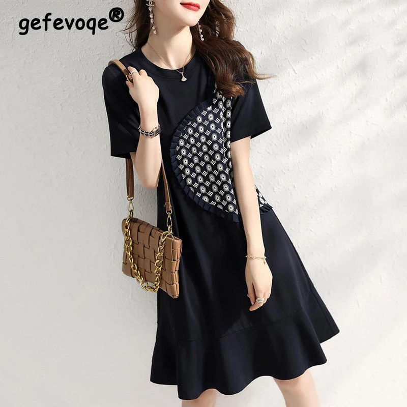 2022 Summer Fashion Korean Casual O Neck Short Sleeve All-match Midi Dress Women Vintage Embroidery Ruffle Chic Slim Fit Dresses
2022 Summer Fashion Korean Casual O Neck Short Sleeve All-match Midi Dress Women Vintage Embroidery Ruffle Chic Slim Fit Dresses