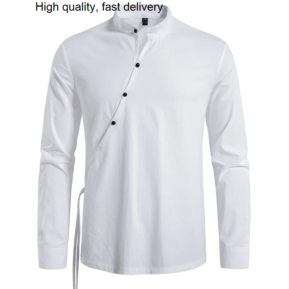 

Placket Retro Oblique Linen Polo Shirt Mans Top Tees Long Sleeve Khaki Black White Summer T Shirts For Man European Top Clothing