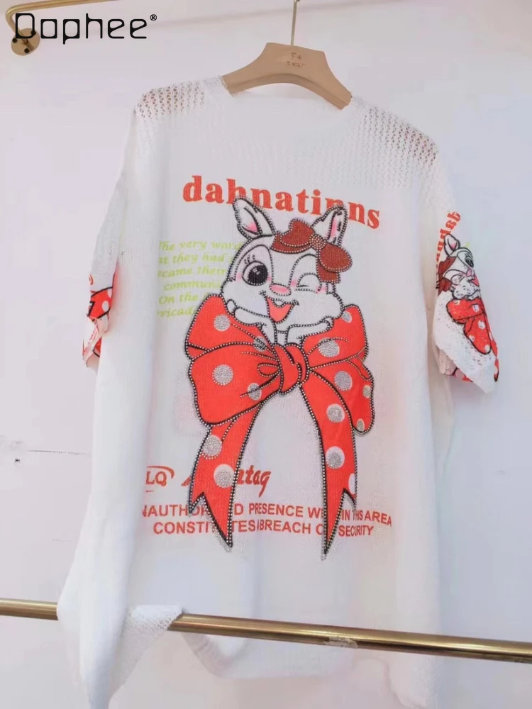 Fashionable Cartoon Bow Rabbit Rhinestone Short Sleeve Hollow T-shirt Female Student Summer Loose Knitted Top Women Clothes
Fashionable Cartoon Bow Rabbit Rhinestone Short Sleeve Hollow T-shirt Female Student Summer Loose Knitted Top Women Clothes