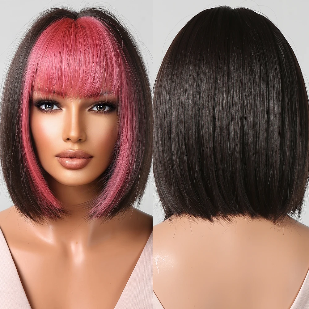 

Cosplay Dark with Pink Bangs Synthetic Wigs Short Straight with Highlights Bob Wig for Black Women Daily Heat Resistant Hairs