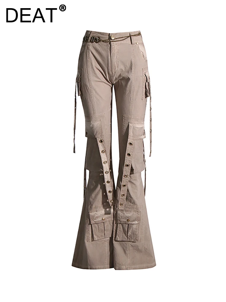 

DEAT Women's Jeans High Waist Solid Color Spliced Multiple Pockets Slim Cargo Flare Denim Pants 2023 Autumn New Fashion 29L2569