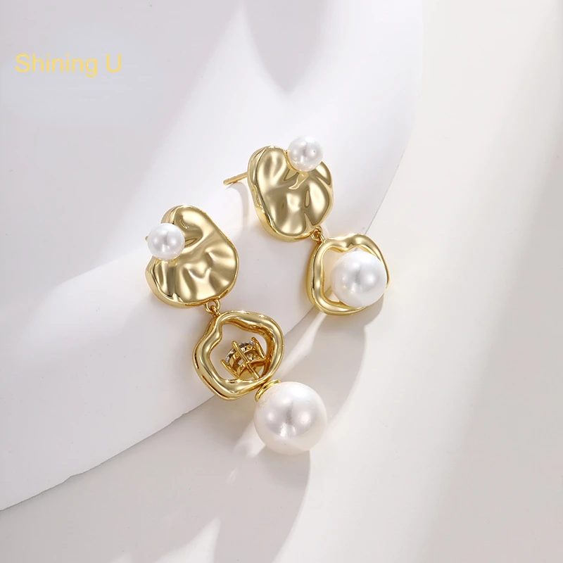 

Shining U Irregular Design Earrings for Women Shell Pearl Plated In 14K Gold Color Detachable Fashion Jewelry Gift