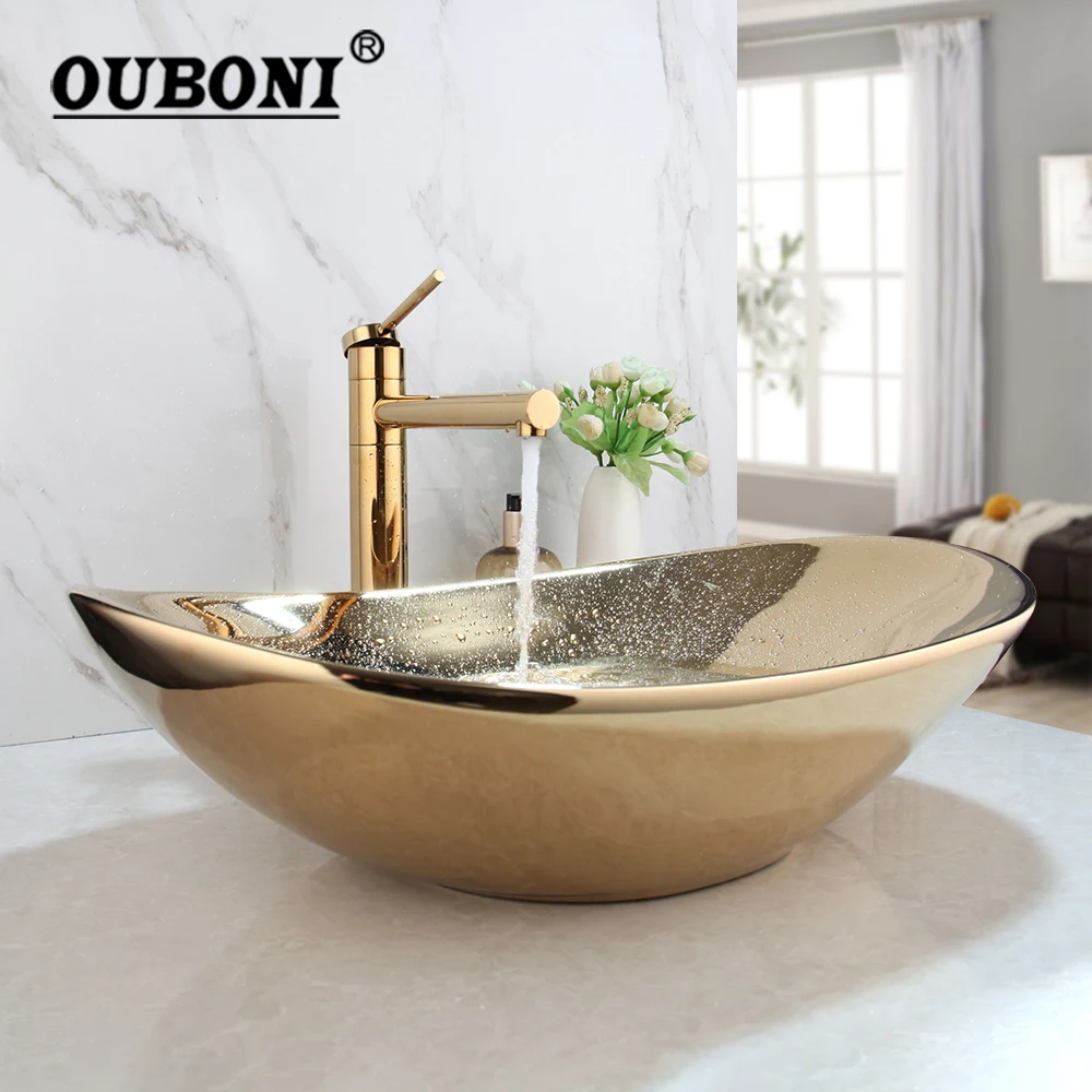 

OUBONI Golden Plated Ceramic Basin Sink Faucet Combo Countertop Bathroom Basin Washroom Vessel Vanity Sink Mixer Faucet w/ Drain