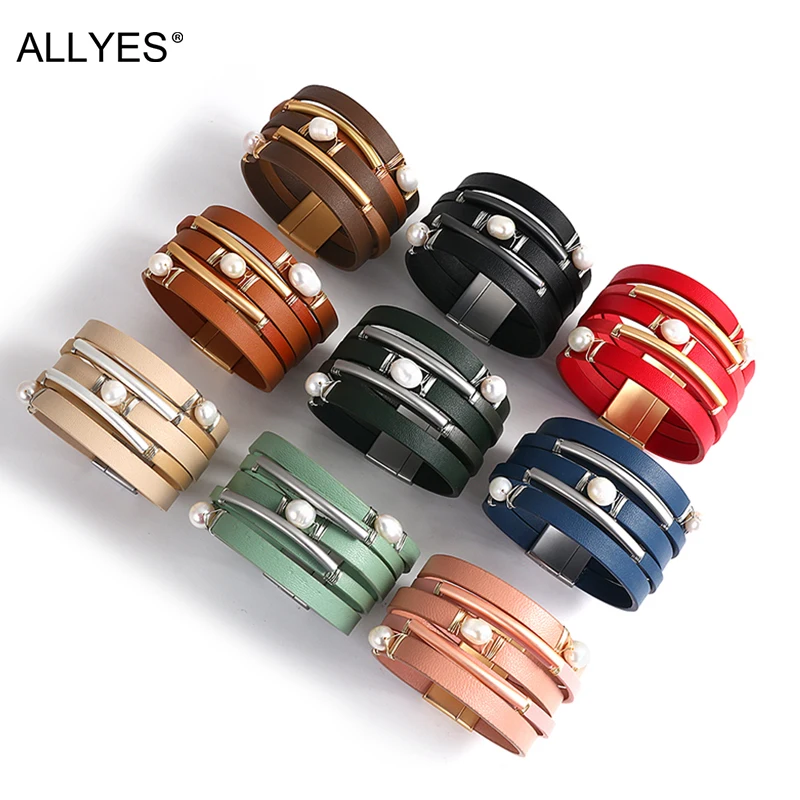ALLYES Natural Pearl Leather Bracelets & Bangles for Women Boho Charm Multicolor Metal Tube Wrap Wide Bracelet Statement Jewelry
ALLYES Natural Pearl Leather Bracelets & Bangles for Women Boho Charm Multicolor Metal Tube Wrap Wide Bracelet Statement Jewelry