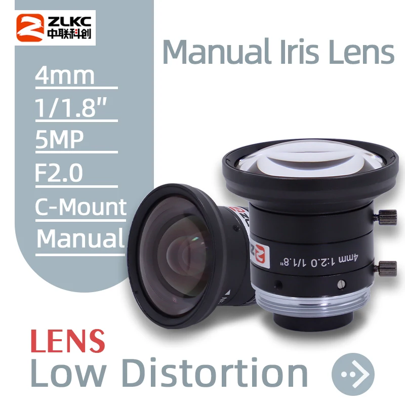 

ZLKC FA C Mount 4mm Fixed Focal Length F2.0 Aperture 1/1.8'' 5MP Machine Vision Surveillance Camera Manual Iris CCTV Macro Lens