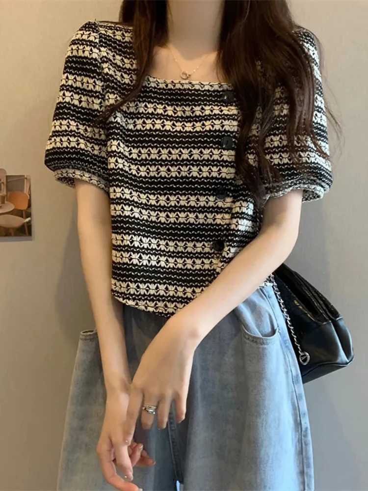 Jmprs Summer Knitted Women T Shirts Black Casual Square Collar Short Sleeve Striped Korean Ladies Tees Thin Female Crop Tops
Jmprs Summer Knitted Women T Shirts Black Casual Square Collar Short Sleeve Striped Korean Ladies Tees Thin Female Crop Tops