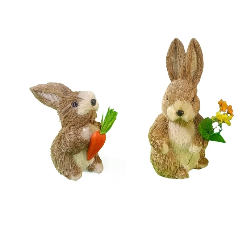 

Соломенные сидячие статуи кролика, Пасхальный кролик, цветок, морковка, настольная скульптура животного, статуя для украшения сада