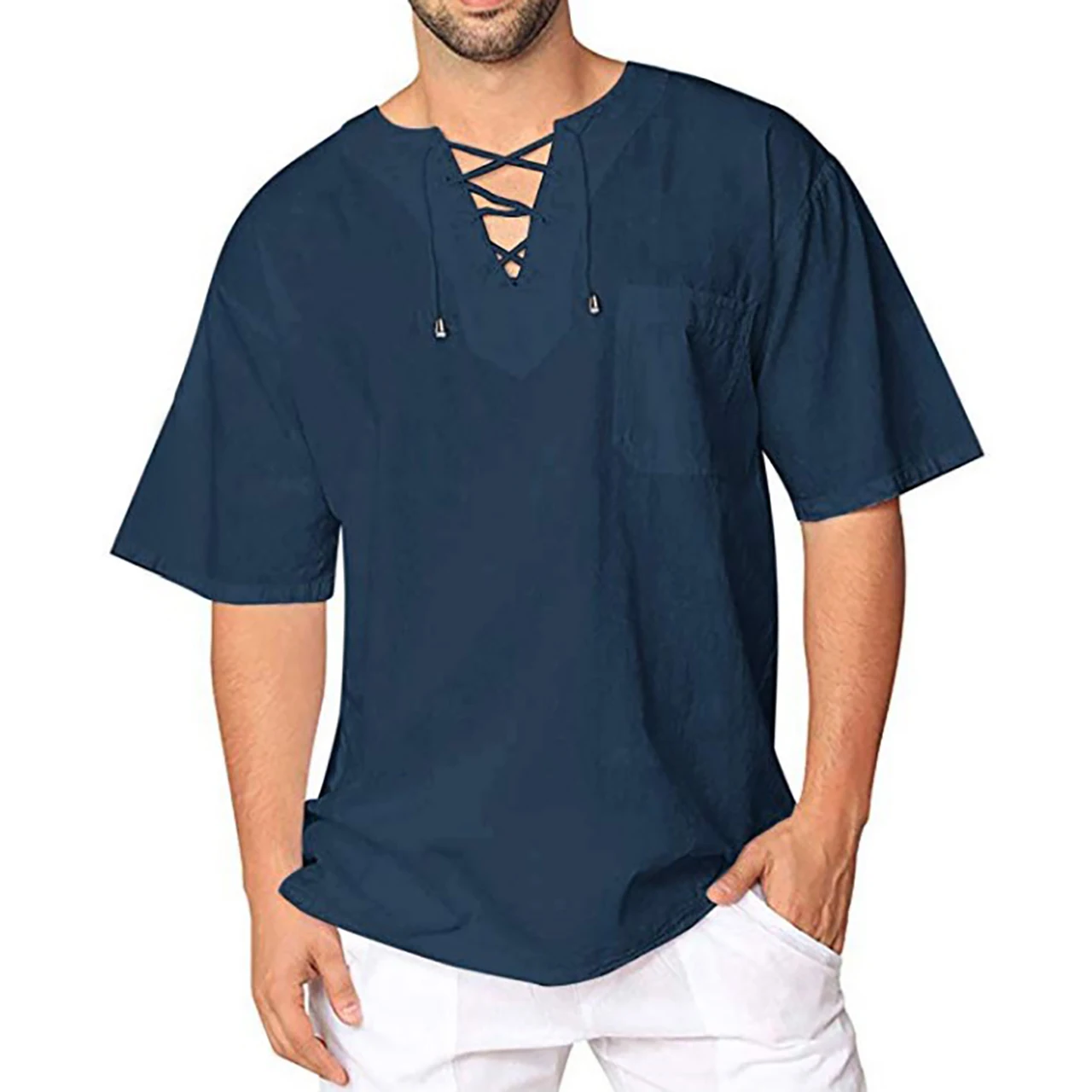2022 Summer Trendy New Men's Linen Lace-up Collar T-Shirt Casual Solid Color Fashion All-Match Short Sleeve Shirt
2022 Summer Trendy New Men's Linen Lace-up Collar T-Shirt Casual Solid Color Fashion All-Match Short Sleeve Shirt