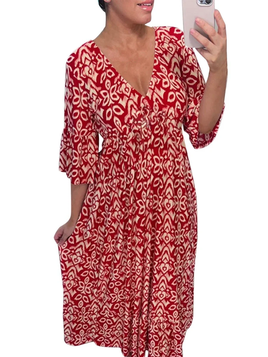 

Женское богемное Макси-Платье с геометрическим принтом, V-образным вырезом и рукавом до локтя, длинное платье для отпуска с цветочным принтом в стиле бохо, пляжный Сарафан