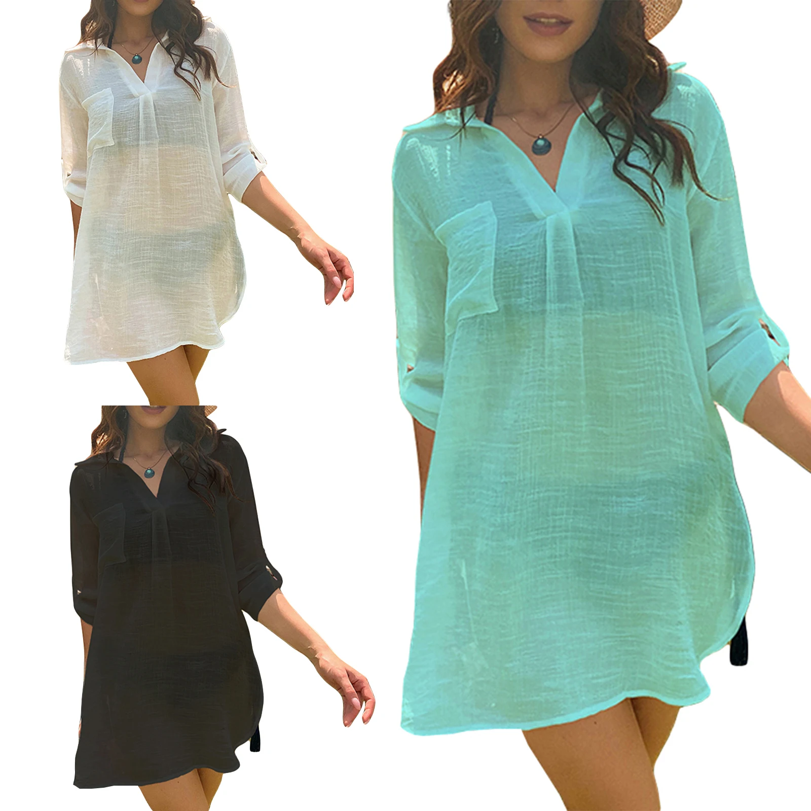 Women's Fashion Cover-up Mini Dress Solid Color See Through Summer Beach Casual Long Sleeve Lapel Neck Bikini Smock Outwear
Women's Fashion Cover-up Mini Dress Solid Color See Through Summer Beach Casual Long Sleeve Lapel Neck Bikini Smock Outwear