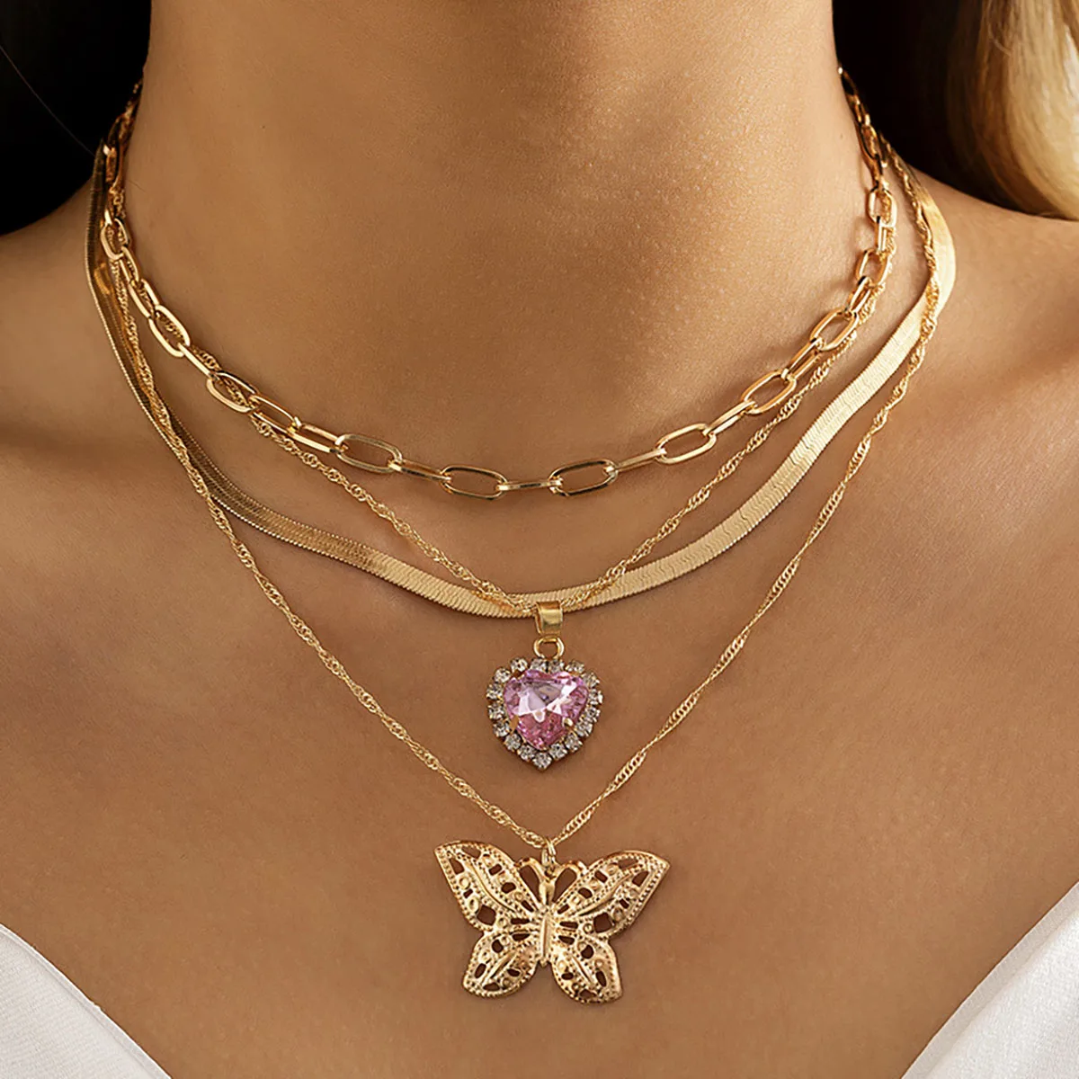 Boho Multilayer Gold Color Metallic Ladies Cute Pink Crystal Heart Butterfly Pendant Necklaces Girls Charm Fashion Jewelry
Boho Multilayer Gold Color Metallic Ladies Cute Pink Crystal Heart Butterfly Pendant Necklaces Girls Charm Fashion Jewelry