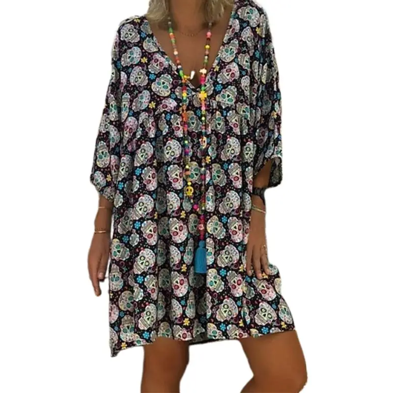 

Women Plus Size V-Neck 3/4 Sleeves Loose Flowy T-Shirt Dress Halloween Skull Floral Casual Flared Party Tunic Sundress S-5XL