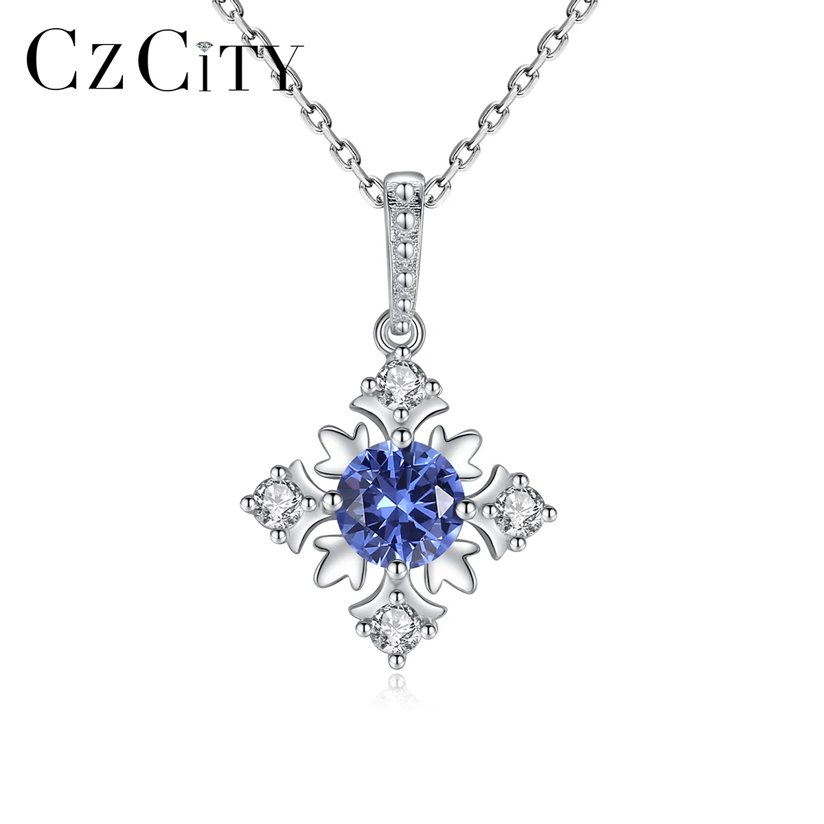 

CZCITY Genuine 925 Sterling Silver Blue Sapphire Snowflake Necklaces for Women Emerald Gemstone Wedding Bridal Fine Jewelry