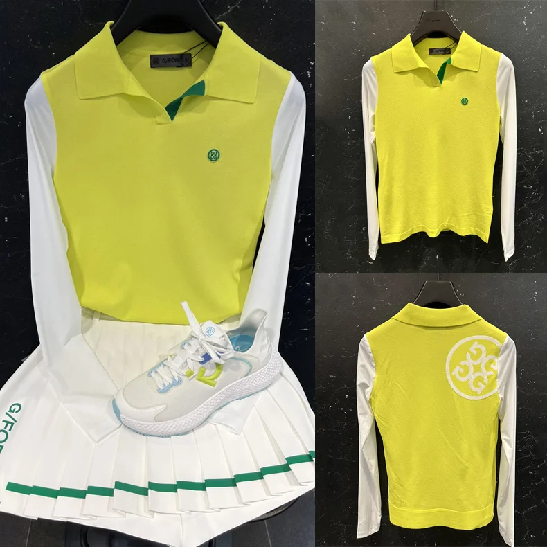 South Korea golf suit ladies' new lapel logo stitching fashion long-sleeved T-shirt with ice silk sleeves breathable
South Korea golf suit ladies' new lapel logo stitching fashion long-sleeved T-shirt with ice silk sleeves breathable