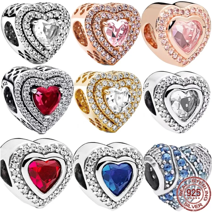 

Heart-Shaped Diamond Inlay 925 Sterling Silver Fit Original Pandora Bracelet Gemstone Rose Gold Plated Charm Bead DIY Jewelry