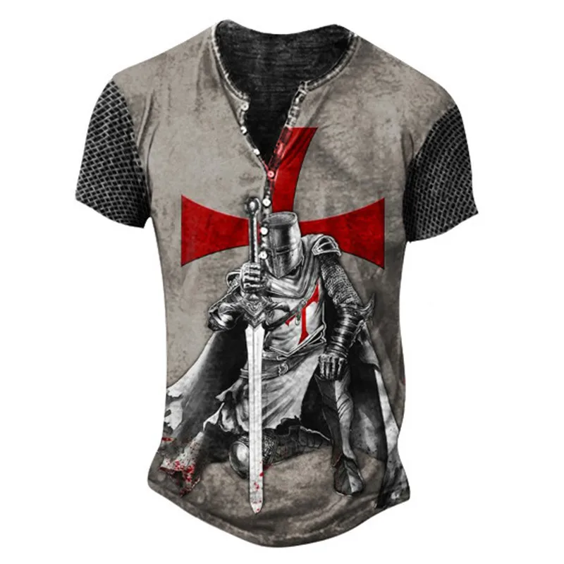 

Vintage Cotton T Shirt For Men 3d Printed Knight Henley Shirt Gothic V-neck Short Sleeve Oversized Tops Harajuku Punk Streetwear