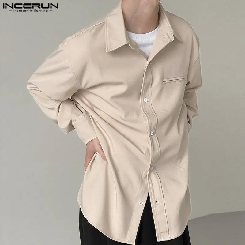 

Casual Simple Style Tops INCERUN Handsome Men Loose Solid Color Blouse Fashion Male Lapel Vertical Long Sleeve Shirts S-5XL 2023
