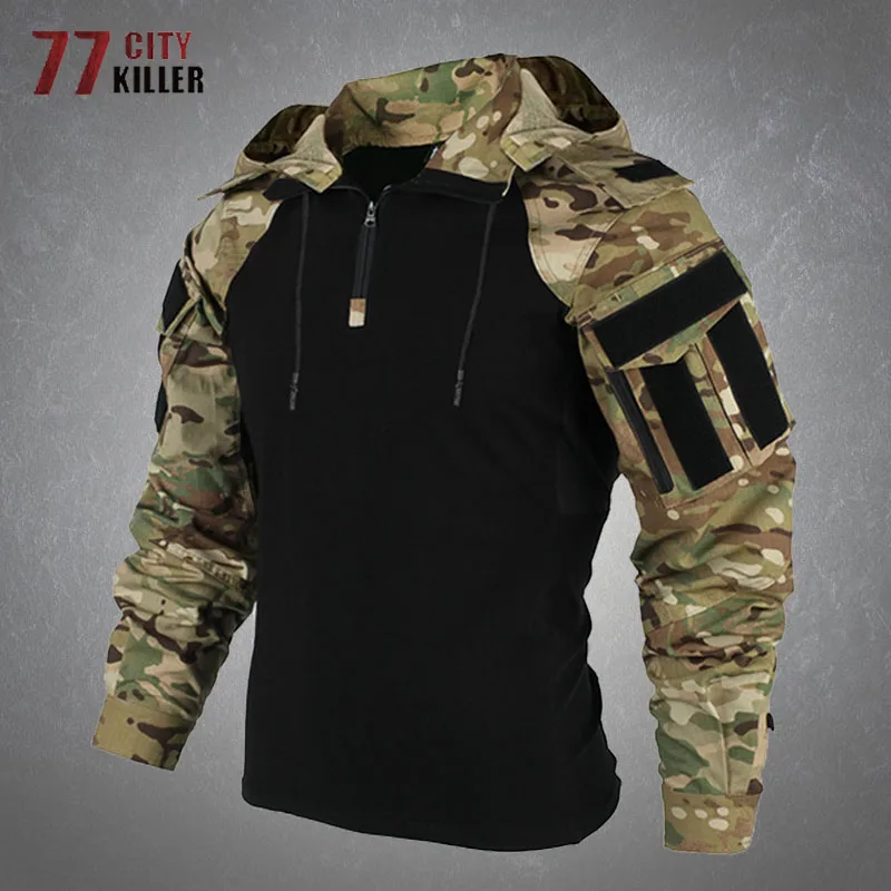Тактические камуфляжные мужские футболки с капюшоном, износостойкие, водонепроницаемые, для походов и охоты 
Тактические камуфляжные мужские футболки с капюшоном, износостойкие, водонепроницаемые, для походов и охоты