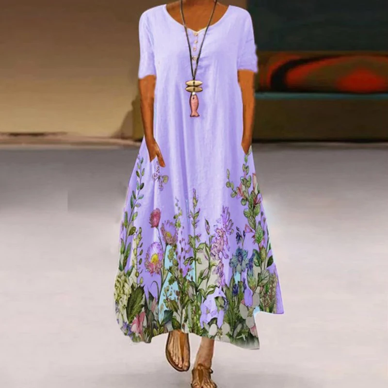 Платье женское длинное с цветочным принтом, повседневный свободный элегантный сарафан на пуговицах, с круглым вырезом и коротким рукавом, на лето 
Платье женское длинное с цветочным принтом, повседневный свободный элегантный сарафан на пуговицах, с круглым вырезом и коротким рукавом, на лето