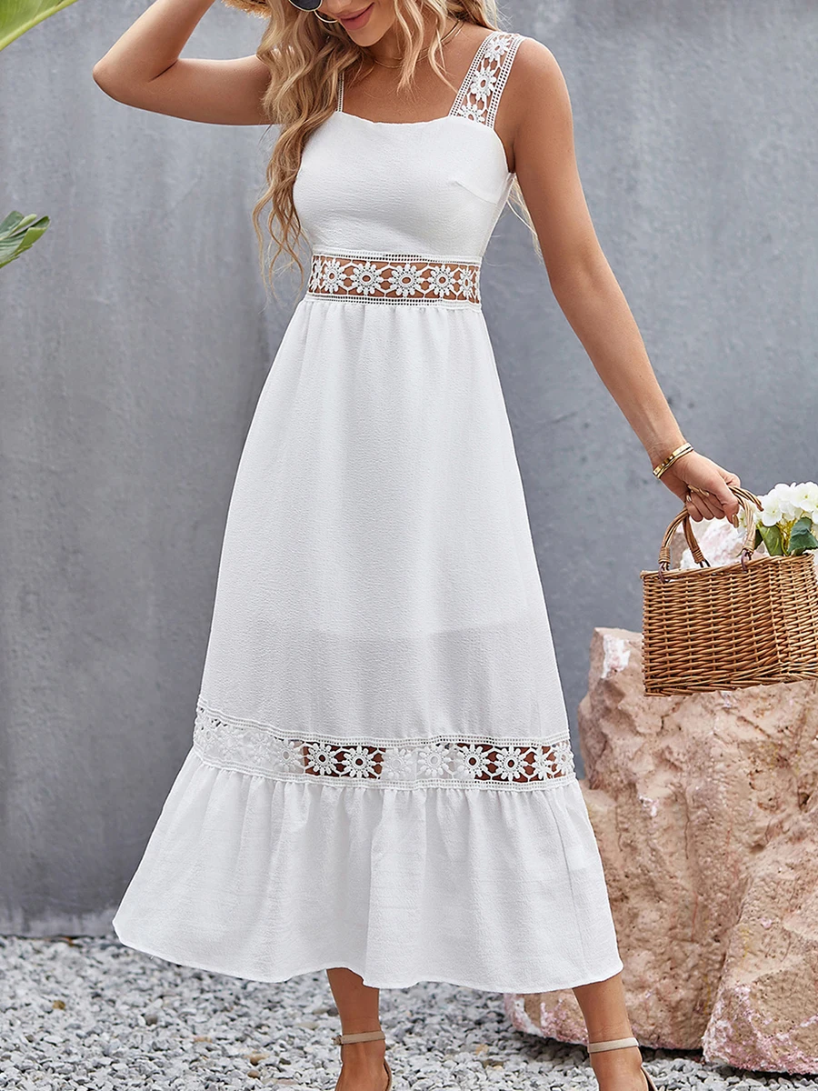 

Women s Elegant Lace Patchwork A-Line Maxi Dress with Square Neckline and Cutout Details - Perfect for Cocktail Parties Beach