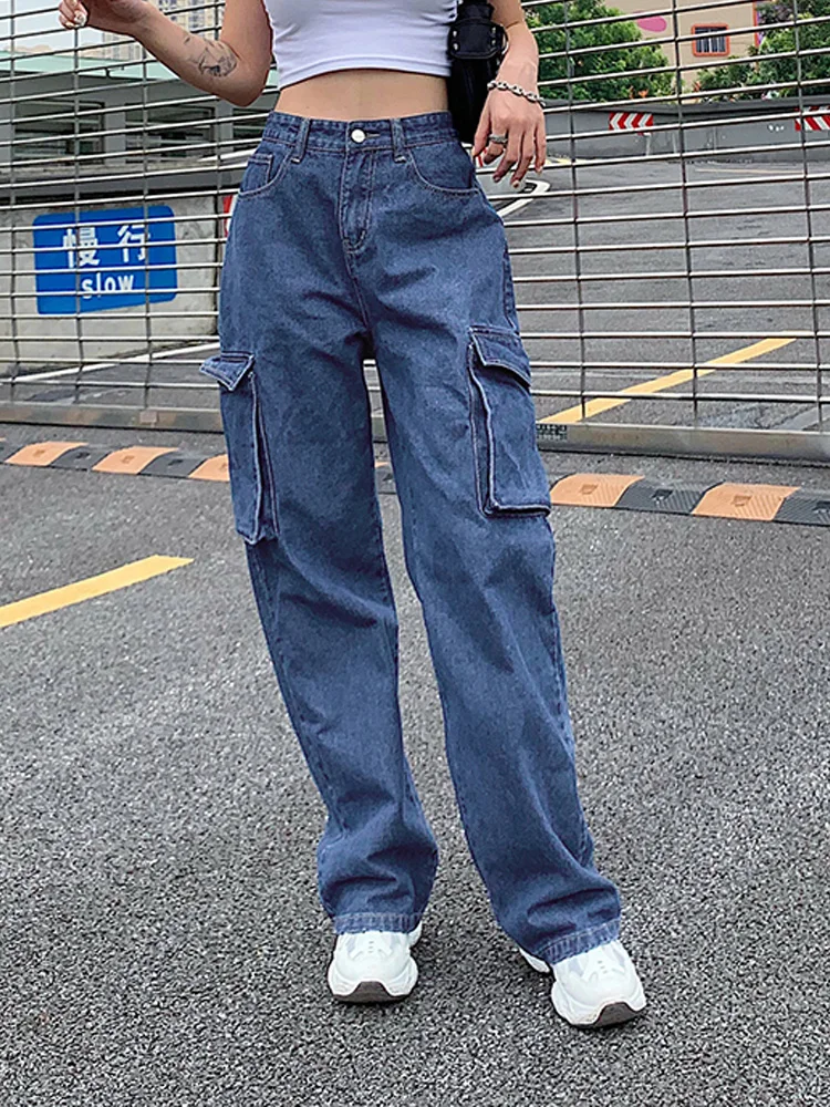 

Benuynffy уличная одежда Y2k мешковатые джинсы карго женские модные свободные с карманами с клапаном с высокой талией бойфренды прямые широкие джинсовые брюки
