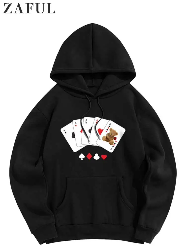 

ZAFUL Hooded Hoodie for Men Fleece-lined Sweatshirt Poker Card Graphic Pullover Fall Winter Streetwear Sweats Unisex Warm Jumper