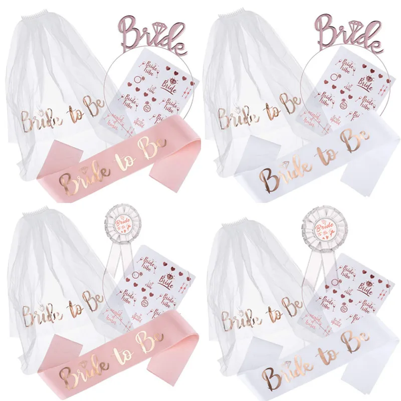 

4pcs/set Bride To Be Veil Satin Sash Hiarband Bridal Shower Wedding Decorations Tattoo Stickers Hen Bachelorette Party Supplies