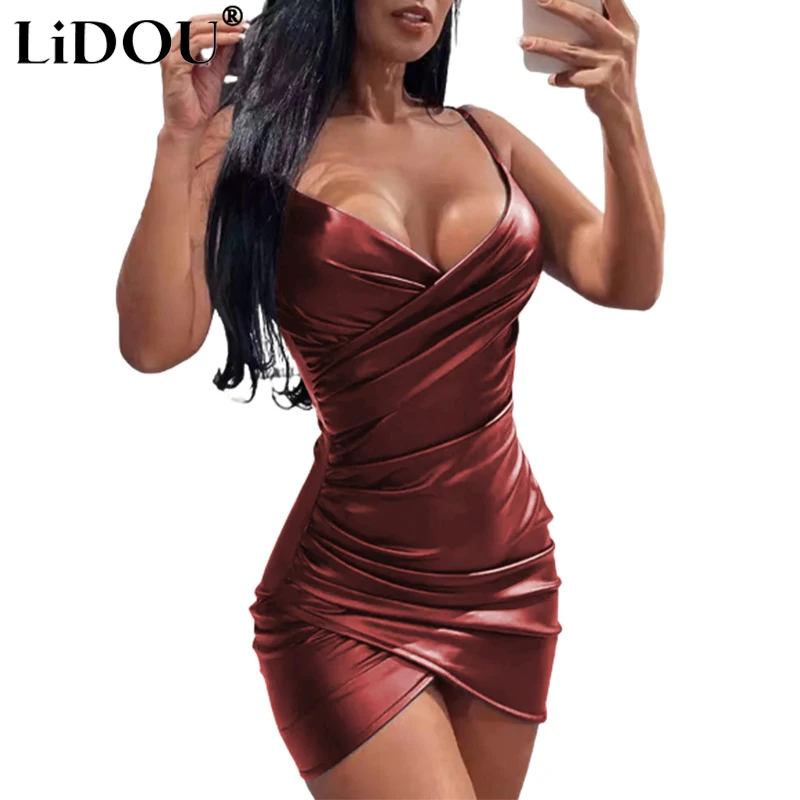 

Rocker Chic Style Sexy Deep V-neck Folds Irregular Leather Slip Bodycon Dress Women Streetwear Y2K Nightclub Party Sheath Dress