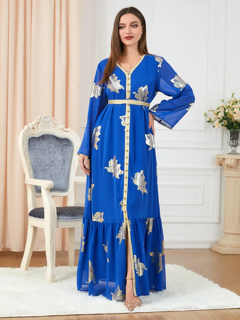 

Muslim Abaya Dress Dubai Button Tape Trim Belted Kaftan Split Hem Long Dress Print Fall 2022 Turkey Arabic Oman Moroccan Caftan