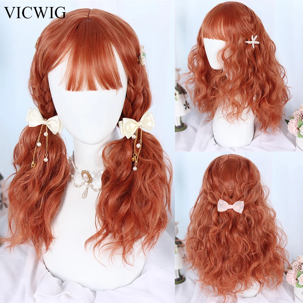 

VICWIG Long Wavy Curly Wig with Bangs Lolita Ombre Orange Red Purple Green Women Cosplay Hair Wigs for Daily Party