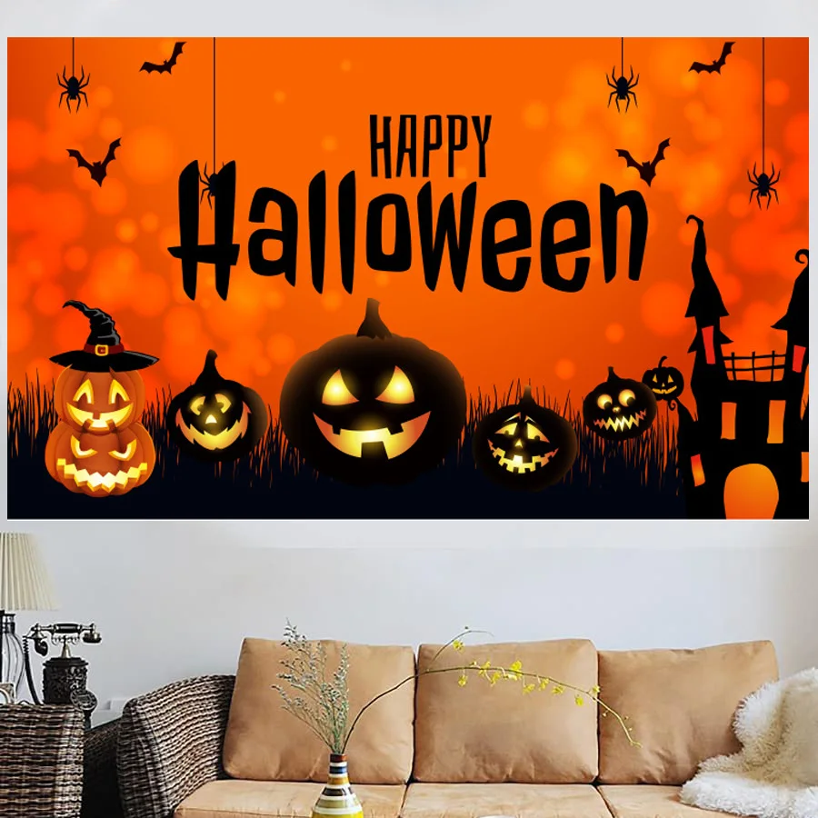 

Happy Halloween Party Backdrop Decor Castle Pumpkin Bat Moon Scarecrow Kids Baby Portrait Photography Background Photo Studio