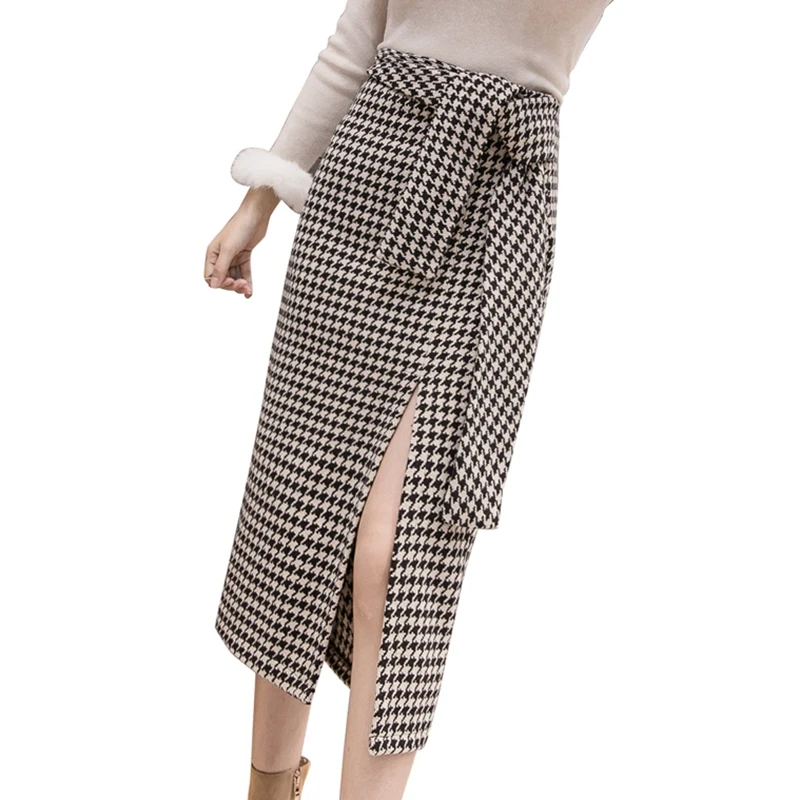 Women Autumn New Fashion Casual Retro Vintage Houndstooth Print Belt Decoration Side Slit High Waist Below Knee Skirt
Women Autumn New Fashion Casual Retro Vintage Houndstooth Print Belt Decoration Side Slit High Waist Below Knee Skirt